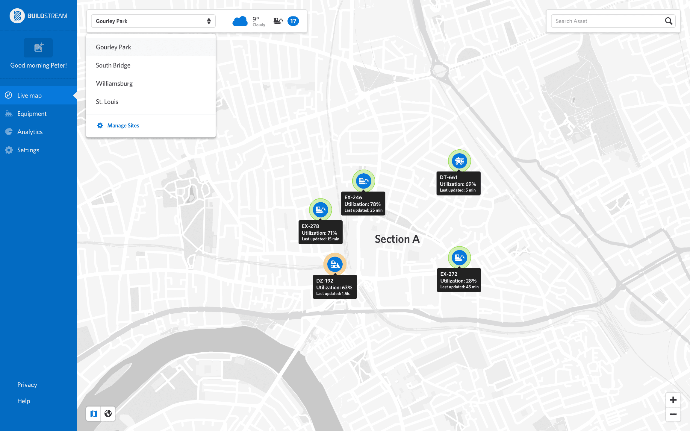 A screenshot of the Live Map view of the Buildstream website