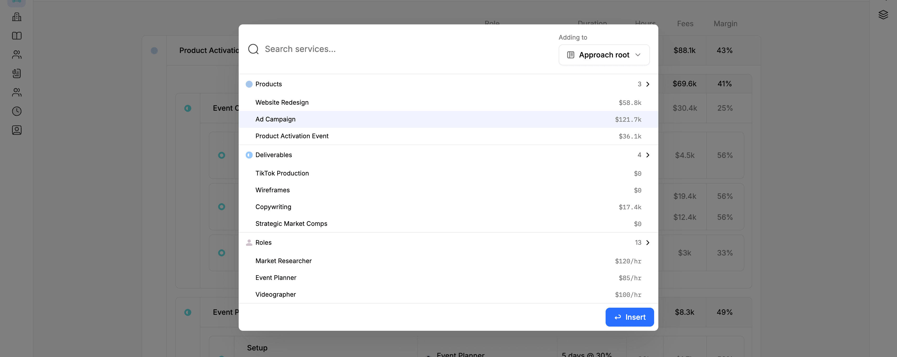 Screenshot of the Project Plan page list view service insertion command menu