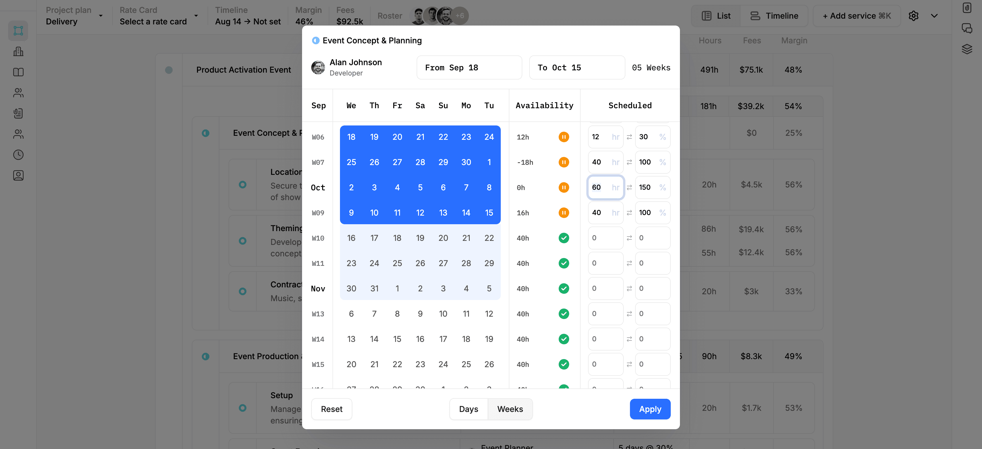 Screenshot of the Project Plan page list view schduler dialog