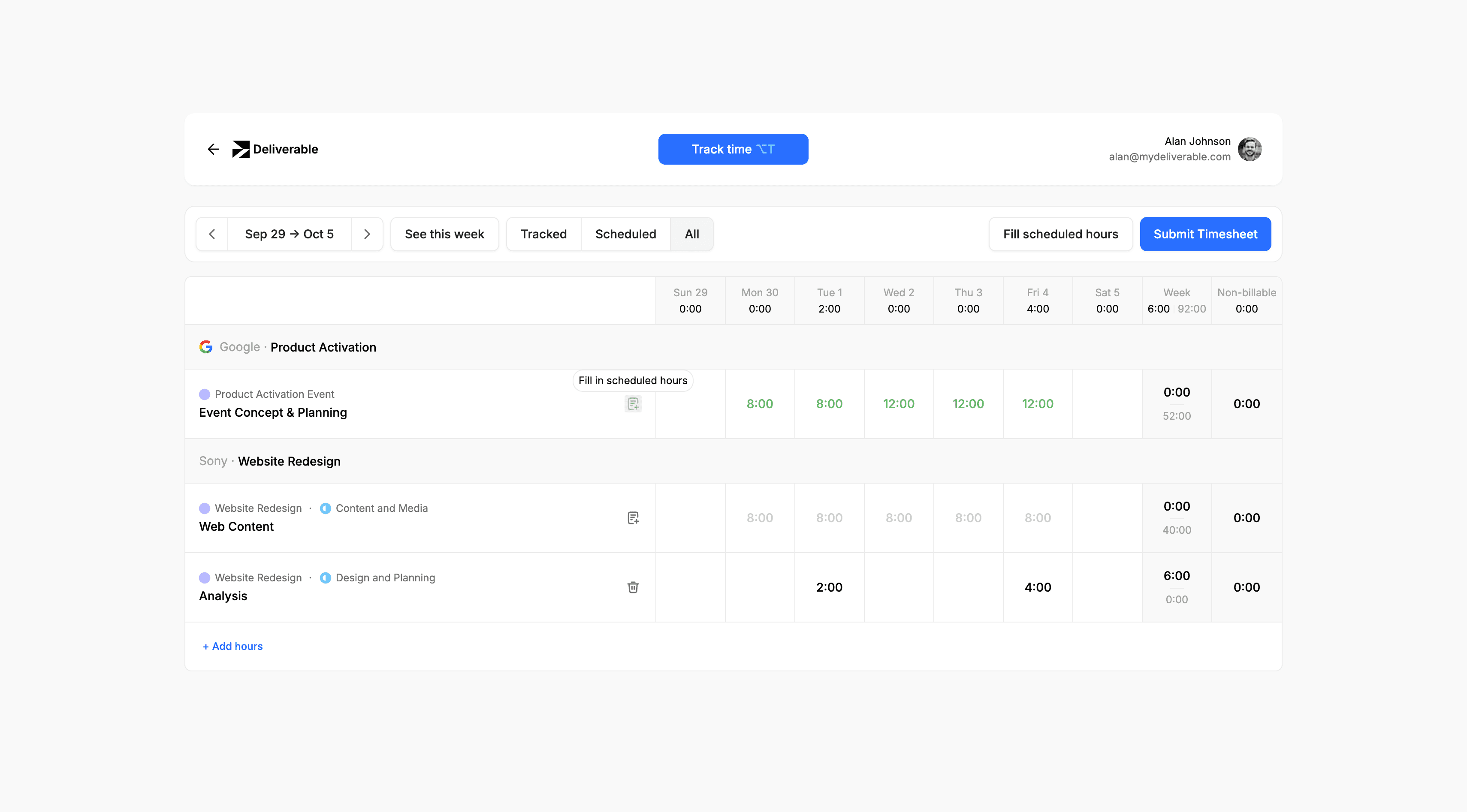 A screenshot of a user's time-tracking timesheet for a given week