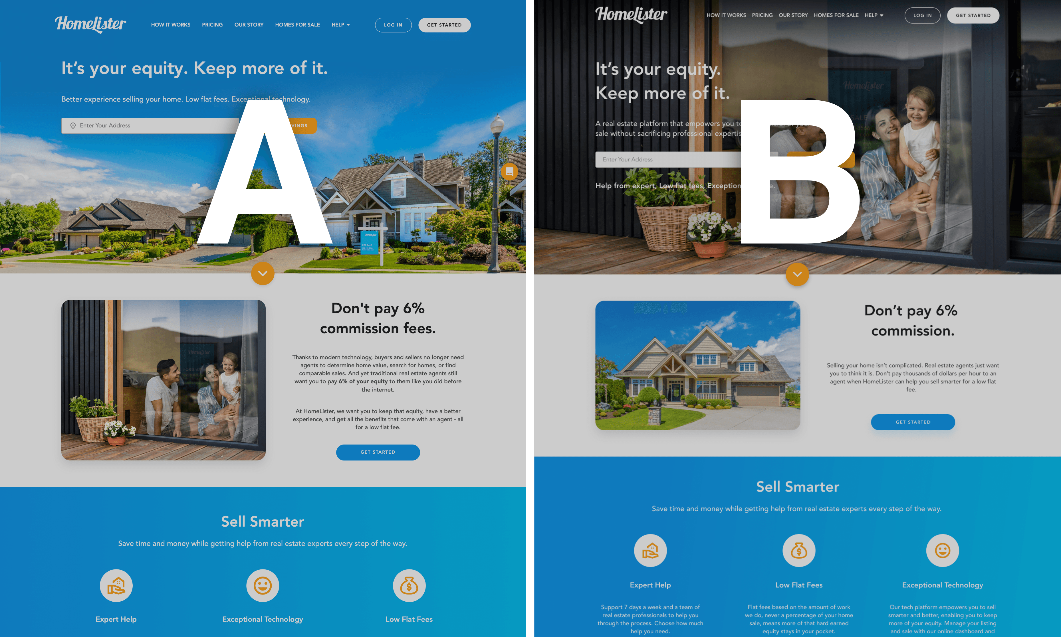 A comparison of two HomeLister Homepage variants, one labled A and the other B