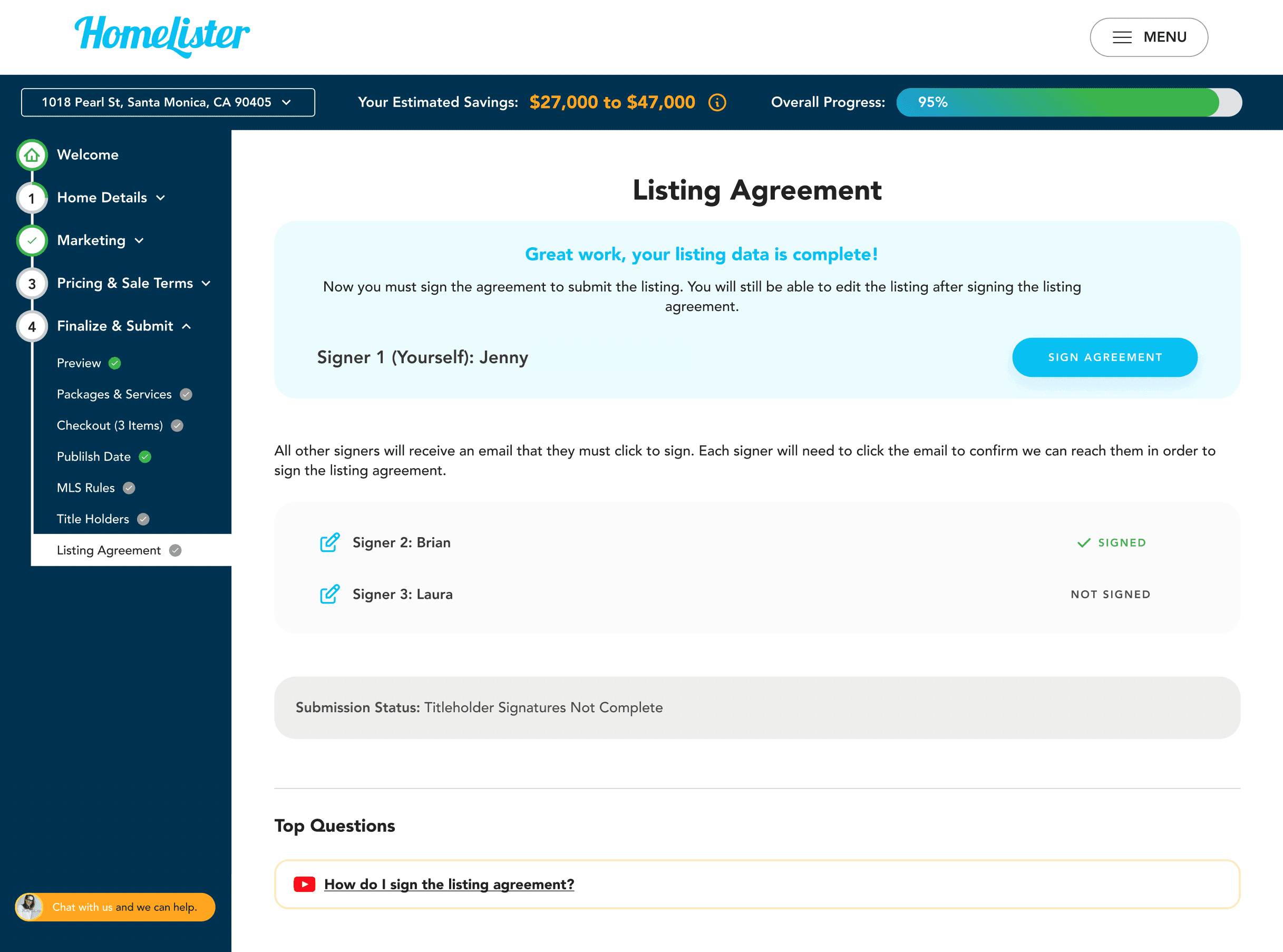 Screenshot of a Listing Flow Agreement Signature page