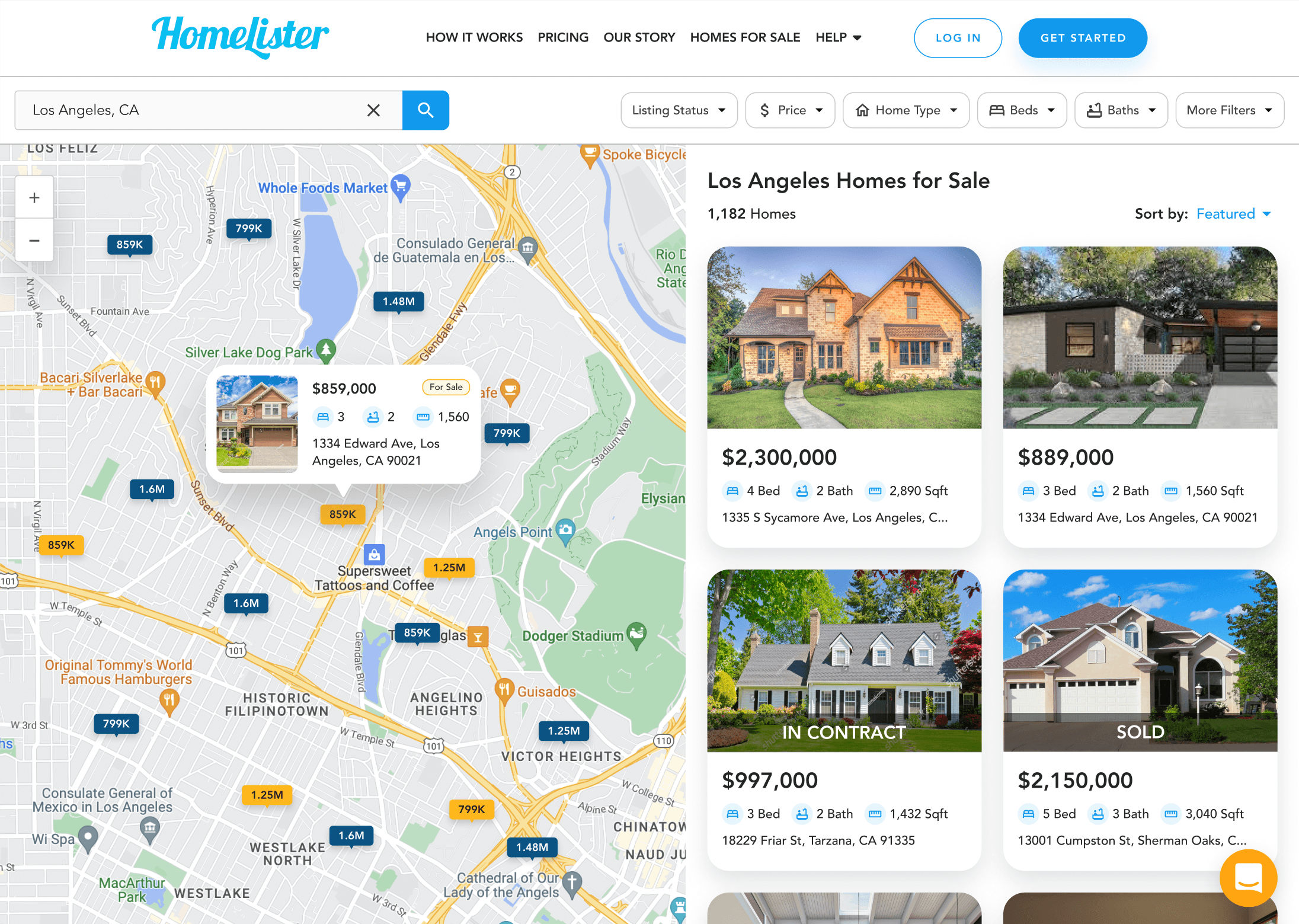 A screenshot of the map-based Homes for Sale page of the HomeLister website