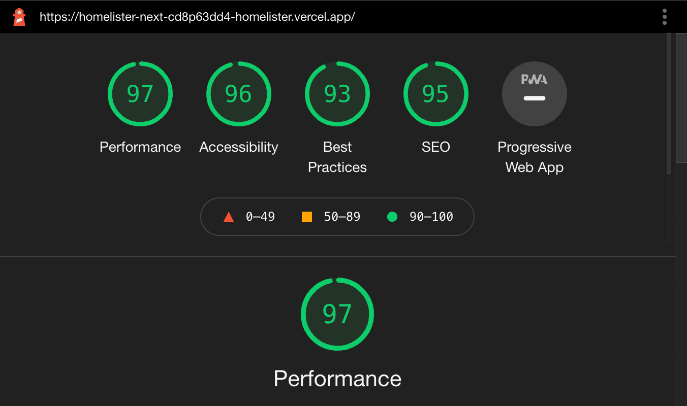 Screenshot of a Chrome Lighthouse performance audit result from June 2021 for the HomeLister homepage