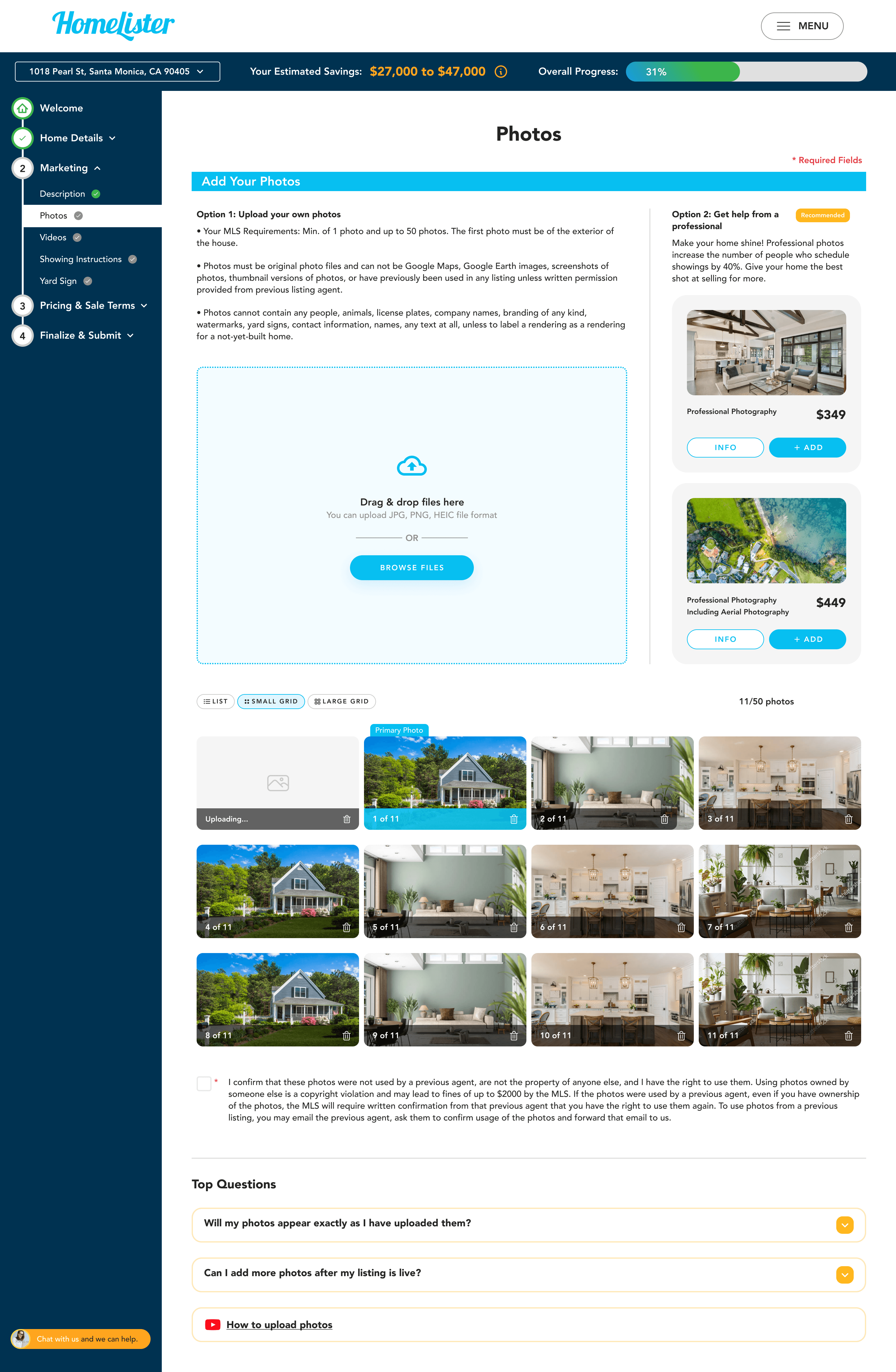 Screenshot of the Listing Flow Photos page with a drag-and-drop photo uploader and grid of uploaded photos