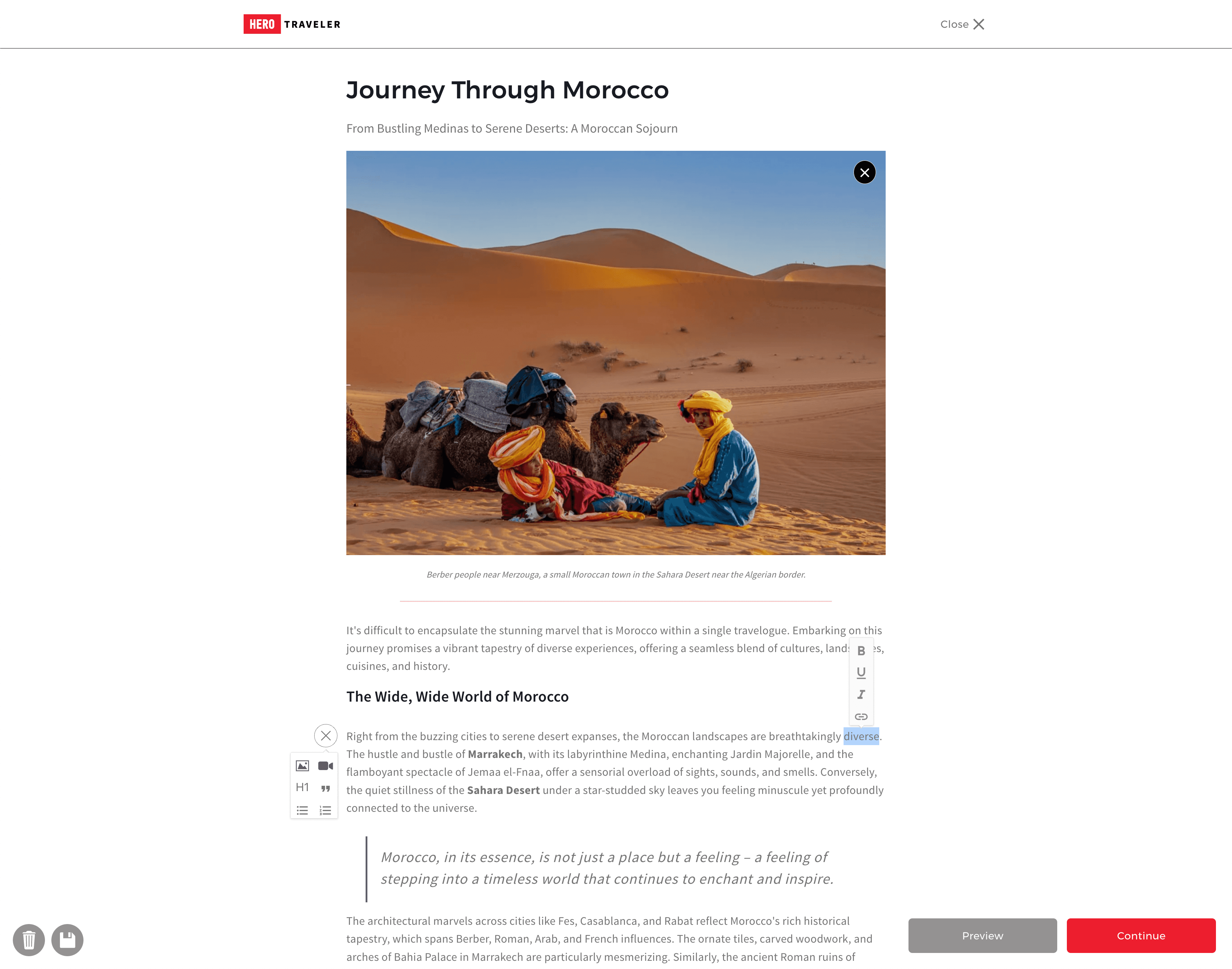 A screenshot of the Hero Traveler story editor editing a story about a trip to Morocco