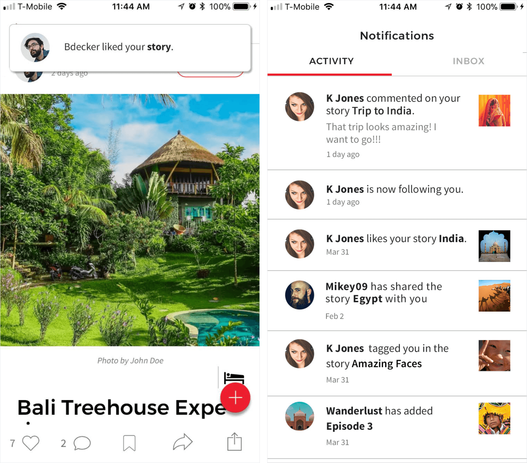 Twoscreenshot of the Hero Traveler notifications system, one of the notifications feed and the other of the a custom in-app notification appearing above a story